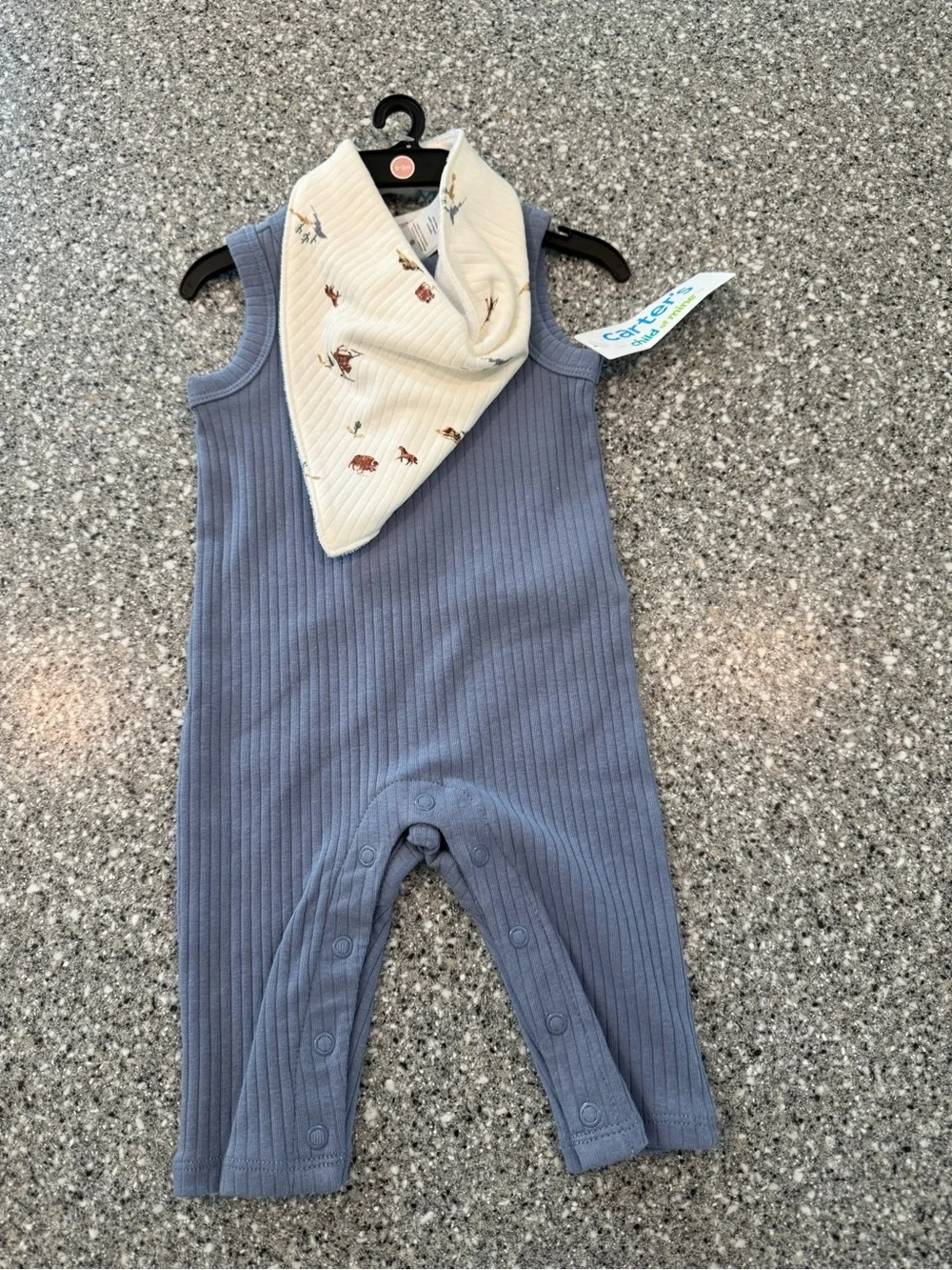 Carter's Blue Ribbed Cotton Sleeveless Romper with Cream Printed Bandana Bib
